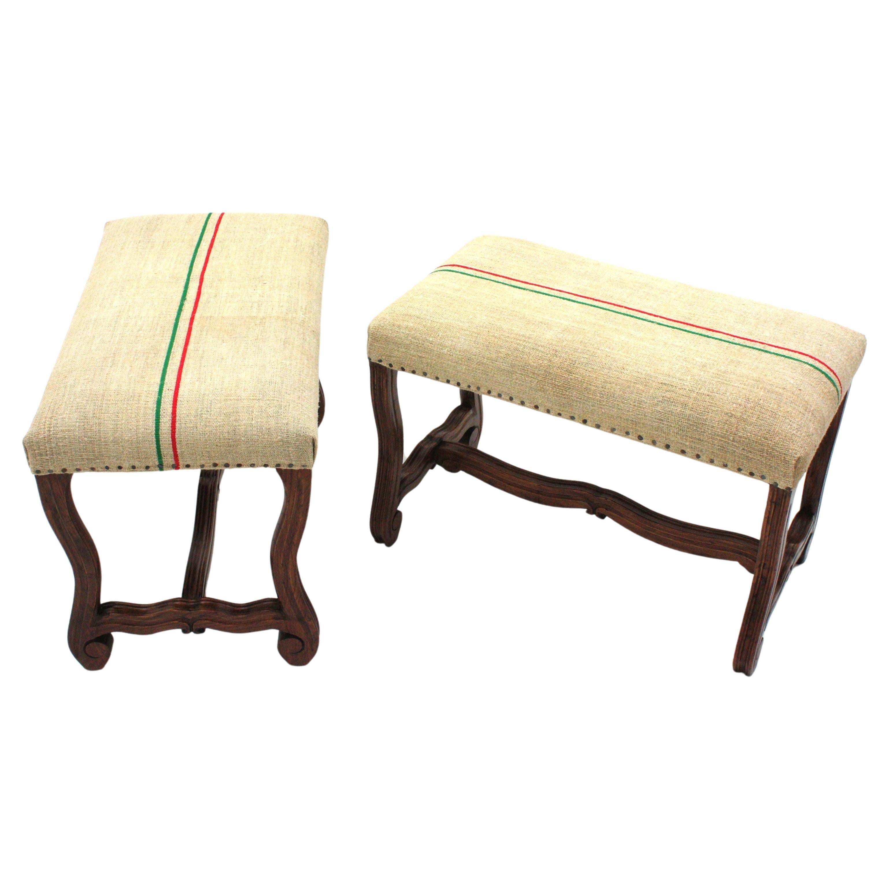 Hand-Carved Pair of Os de Mouton Louis XIV Oak Stools New Upholstered in French Linen  For Sale