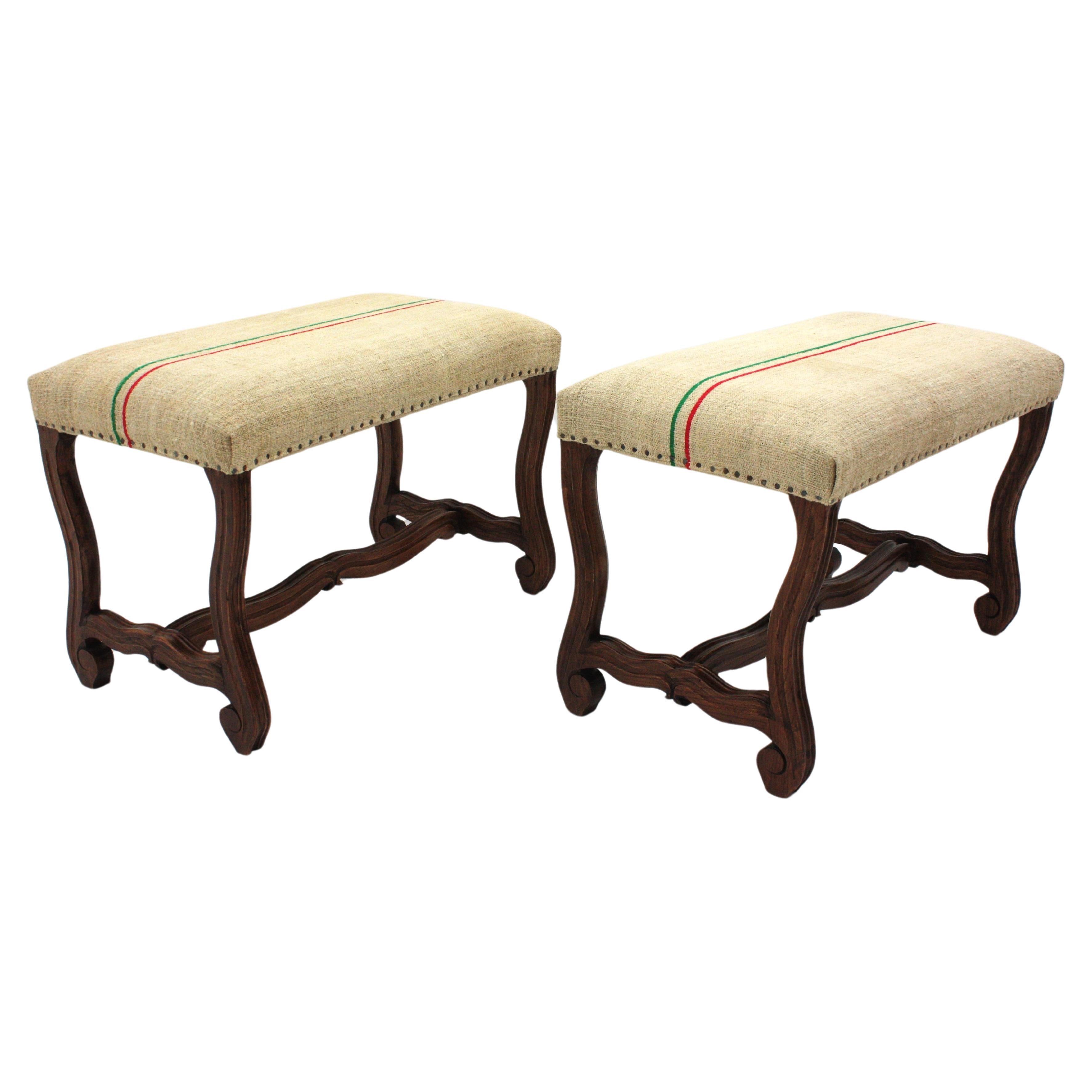 20th Century Pair of Os de Mouton Louis XIV Oak Stools New Upholstered in French Linen  For Sale