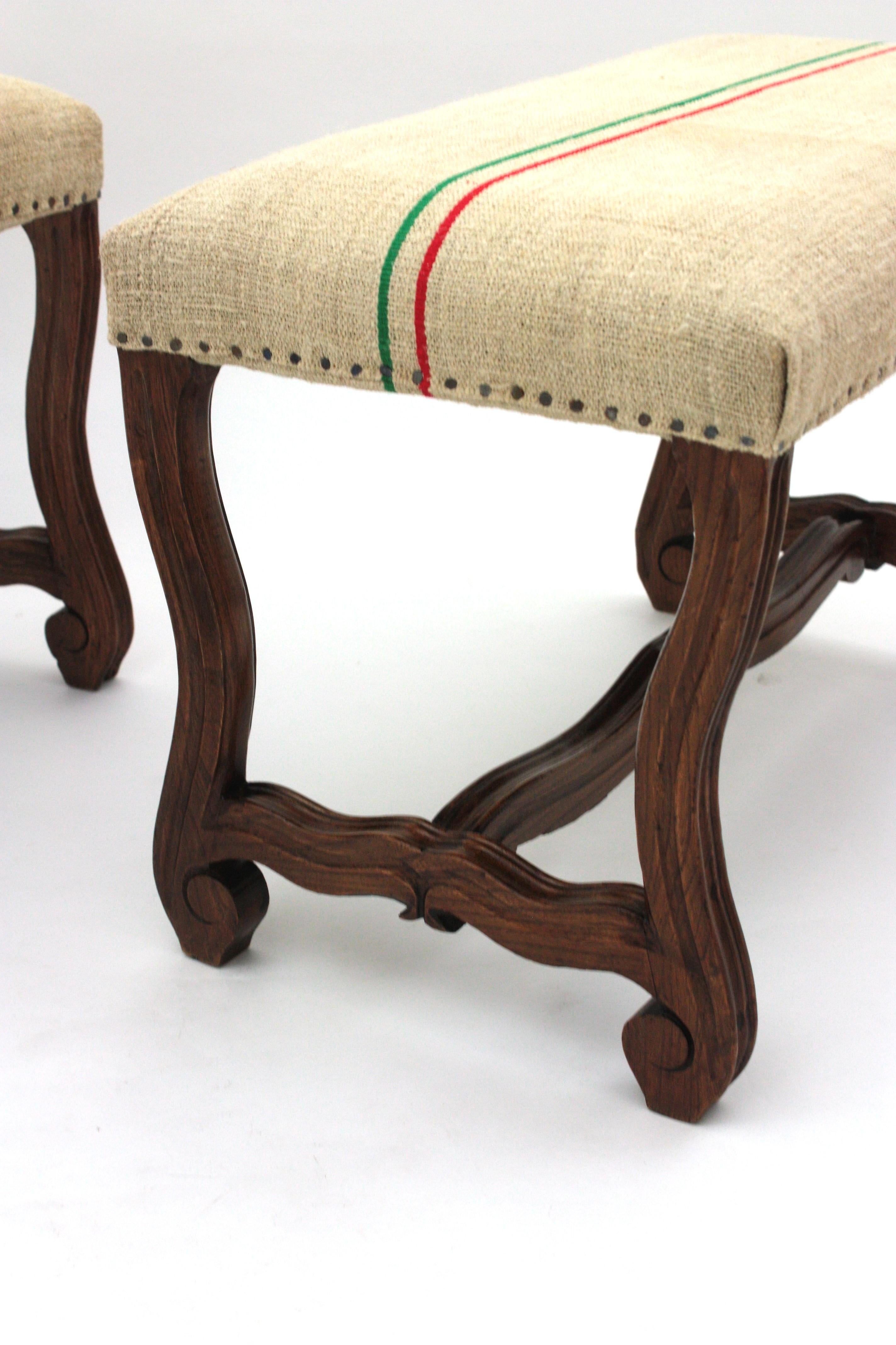Fabric Pair of Os de Mouton Louis XIV Oak Stools New Upholstered in French Linen  For Sale