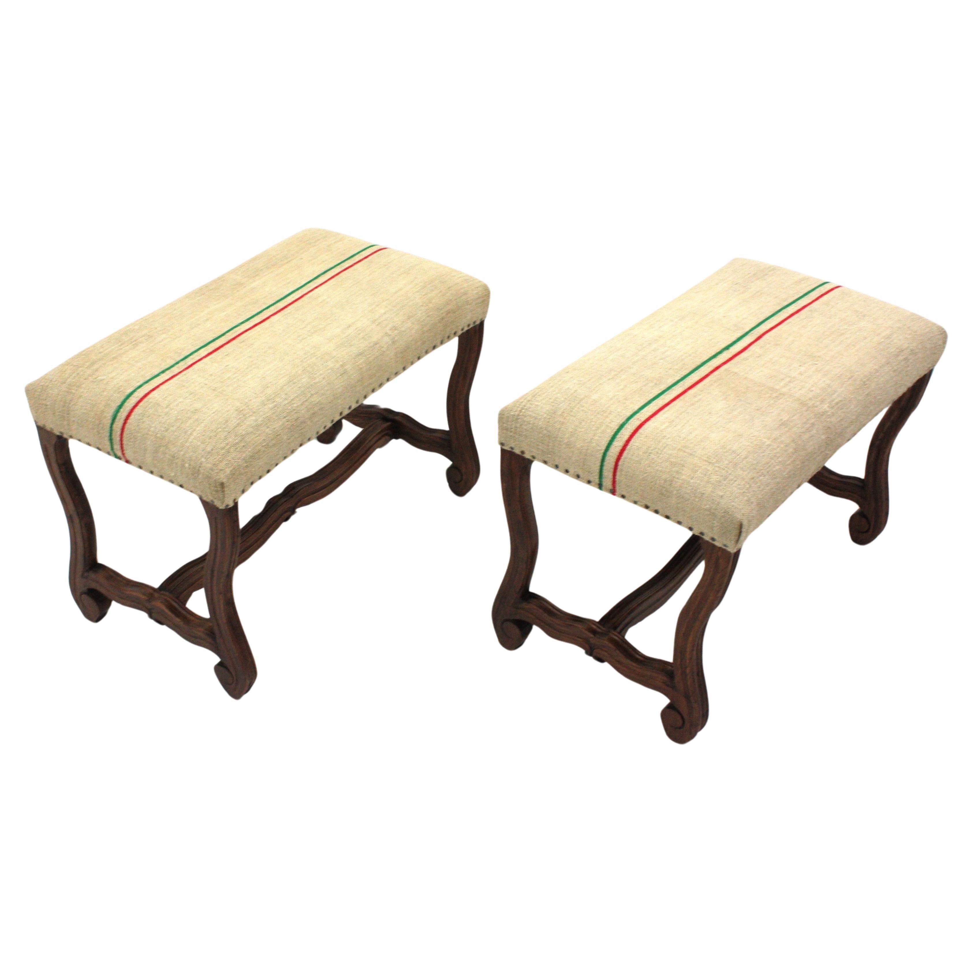 Pair of Os de Mouton Louis XIV Oak Stools New Upholstered in French Linen  For Sale 1