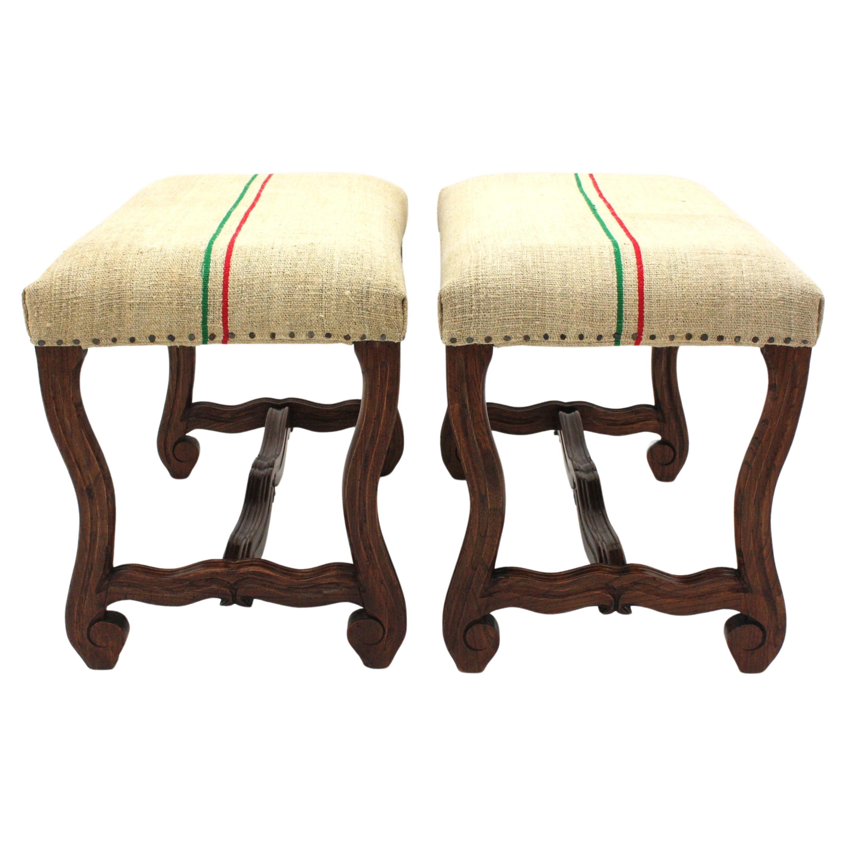 Pair of Os de Mouton Louis XIV Oak Stools New Upholstered in French Linen  For Sale