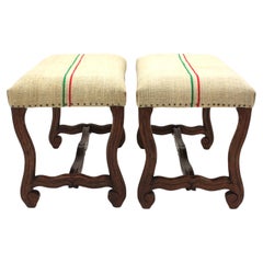 Vintage Pair of Os de Mouton Louis XIV Oak Stools New Upholstered in French Linen 