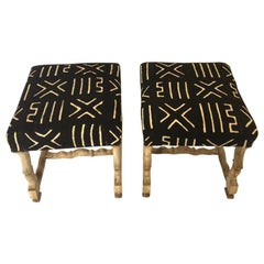 Pair of Os De Mouton Stools Bleached Oak, Upholstered in African Mudcloth