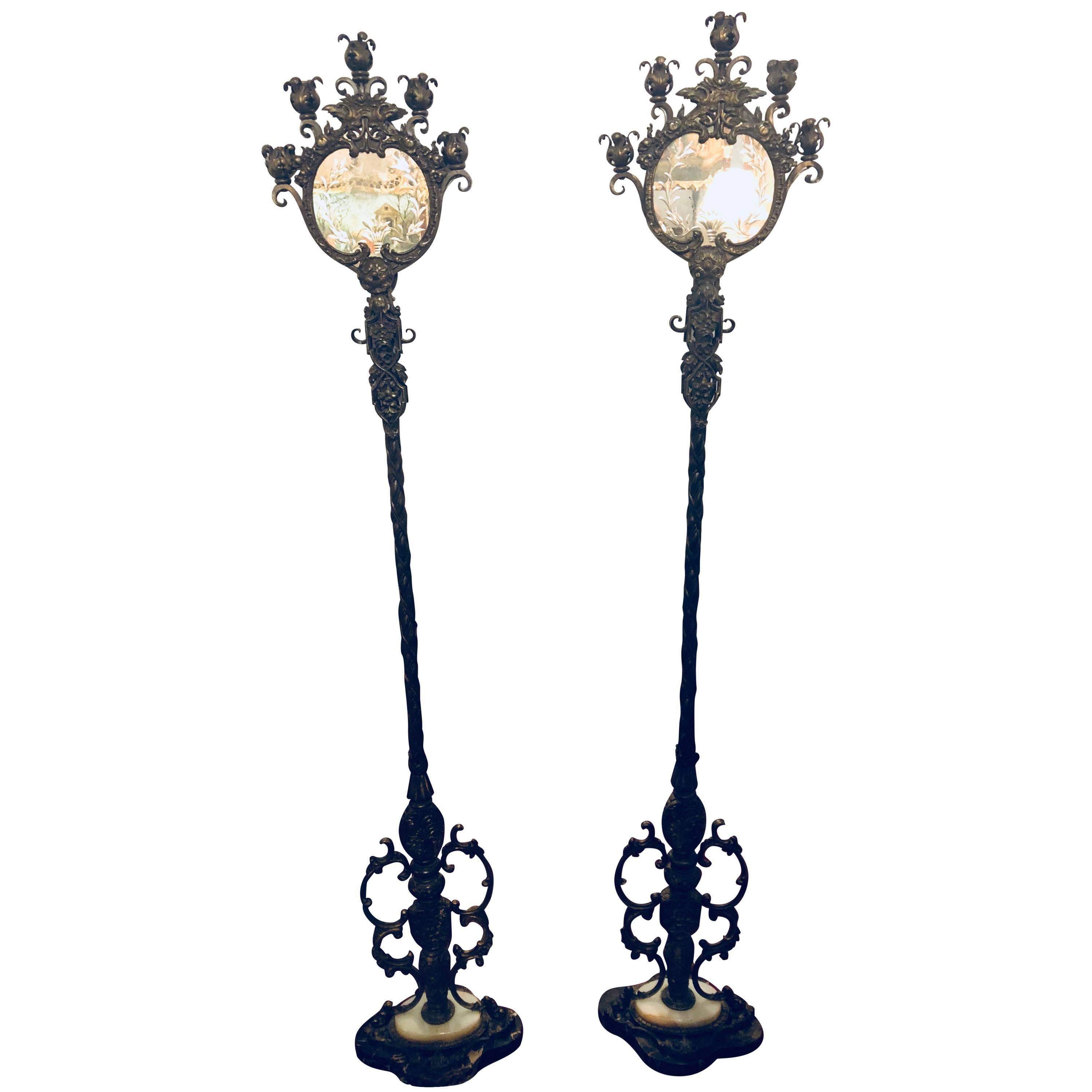 Pair of Oscar Bach Style Five Light Standing Double Reverse Candelabra Lamps