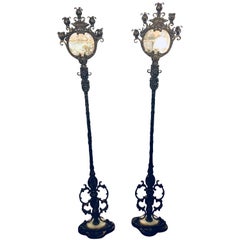 Antique Pair of Oscar Bach Style Five Light Standing Double Reverse Candelabra Lamps