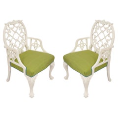 Pair of Oscar De La Renta Painted Armchairs Newly Upholstered in Raw Green Silk