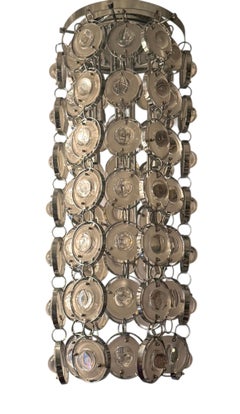 Pair of Oscar Torlasco Italian 1970s Chrome & Glass Lens Grand Chandeliers
