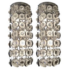 Pair of Oscar Torlasco Italian 1970s Chrome & Glass Lens Grand Chandeliers