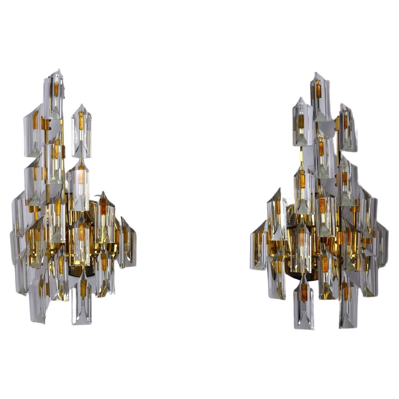 Pair of Oscar Torlasco Wall Lamps, Triedri Glass, Italy, 1970 For Sale
