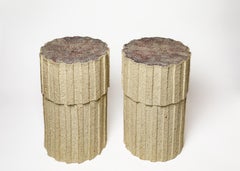Pair of Ostinato tables in raw stoneware with red glazed top by Denis Castaing