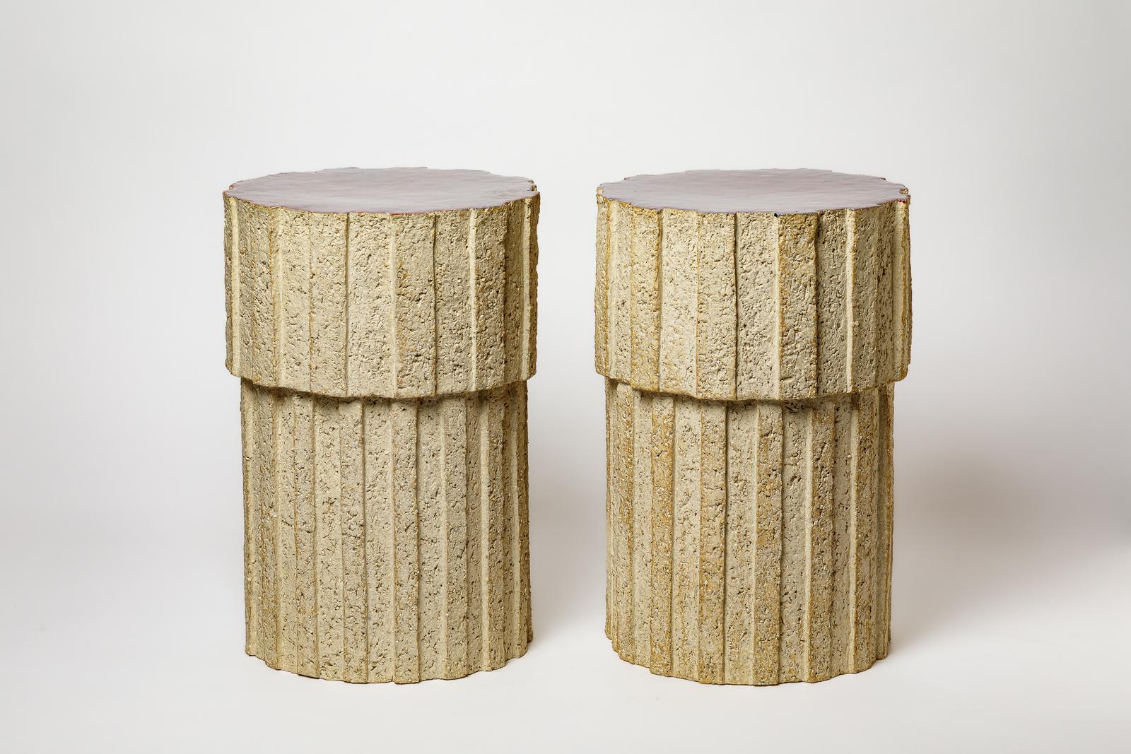 Beaux Arts Pair of Ostinato tables in raw stoneware with red glazed top by Denis Castaing For Sale