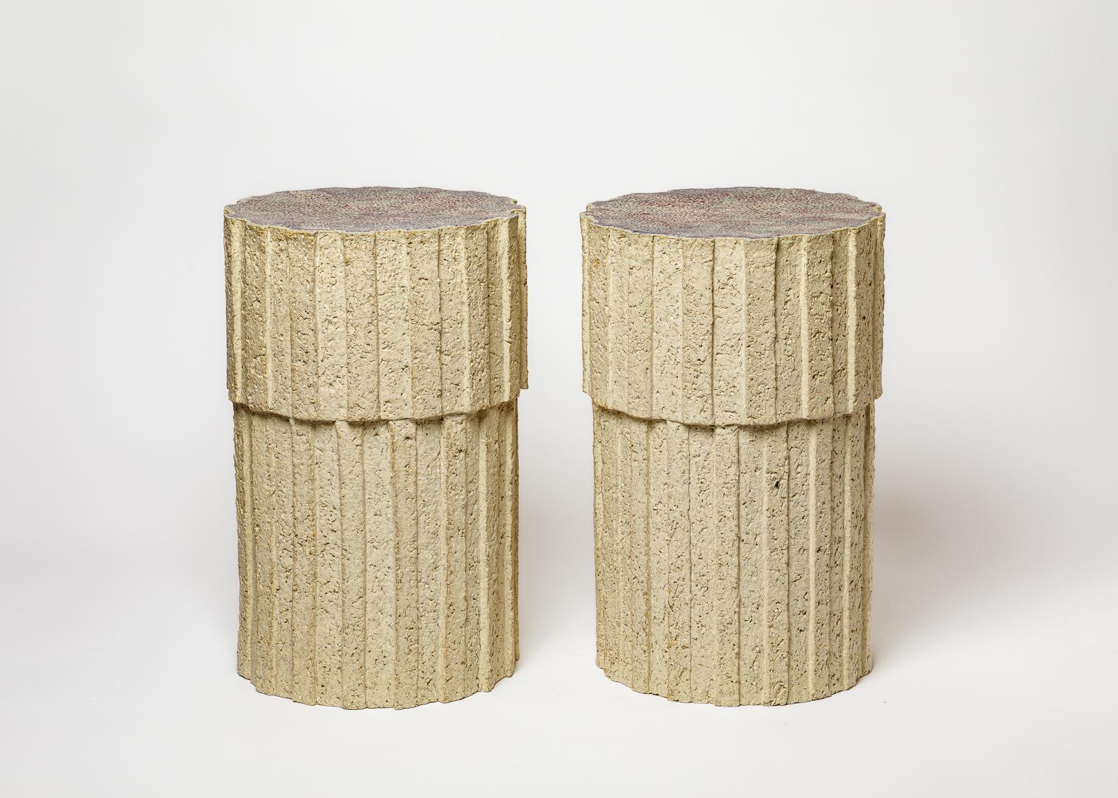 Beaux Arts Pair of Ostinato tables in raw stoneware with red glazed top by Denis Castaing For Sale