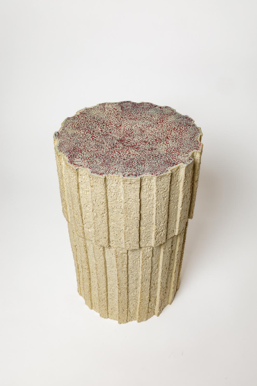 French Pair of Ostinato tables in raw stoneware with red glazed top by Denis Castaing For Sale