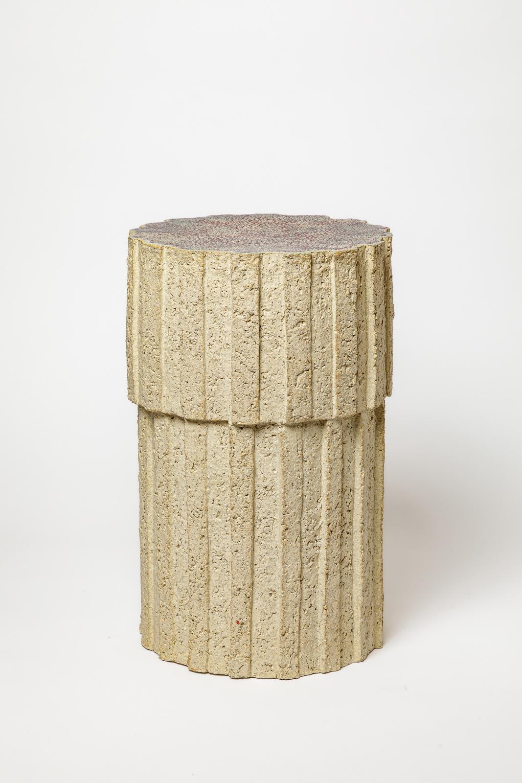 Contemporary Pair of Ostinato tables in raw stoneware with red glazed top by Denis Castaing For Sale