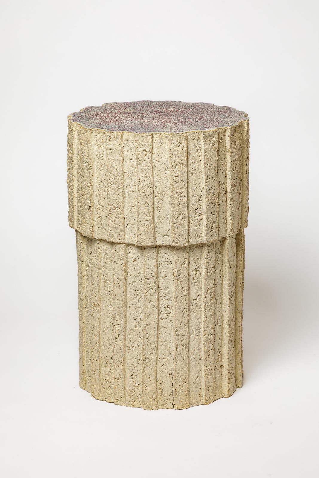 Ceramic Pair of Ostinato tables in raw stoneware with red glazed top by Denis Castaing For Sale
