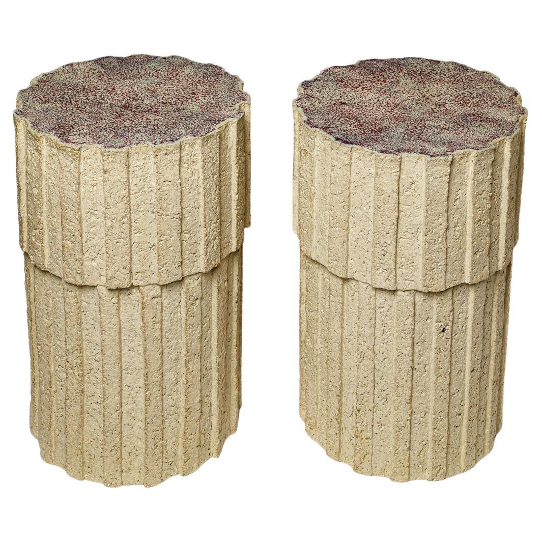 Pair of Ostinato tables in raw stoneware with red glazed top by Denis Castaing