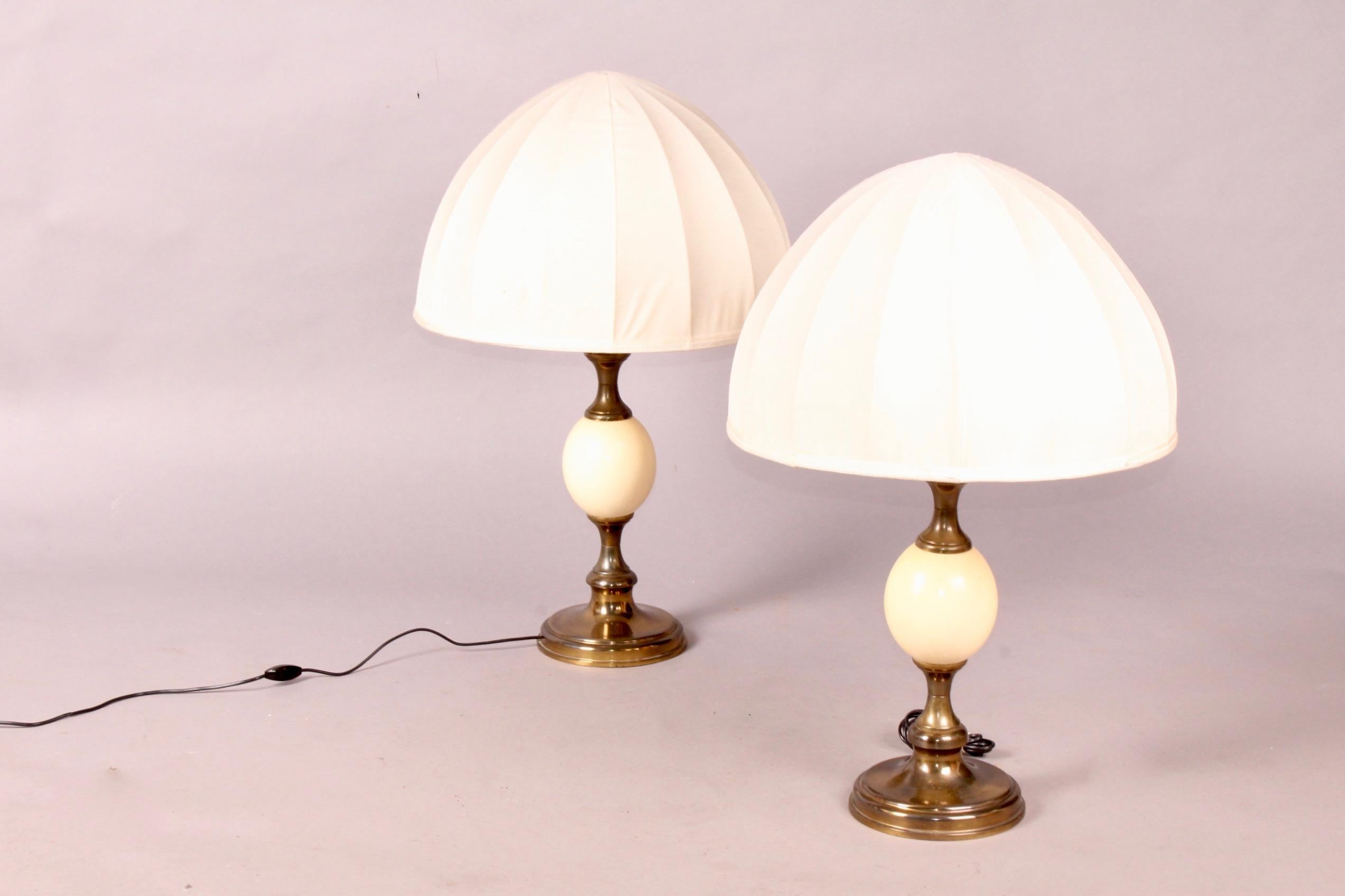European Pair of Ostrich Egg and Brass Table Lamp
