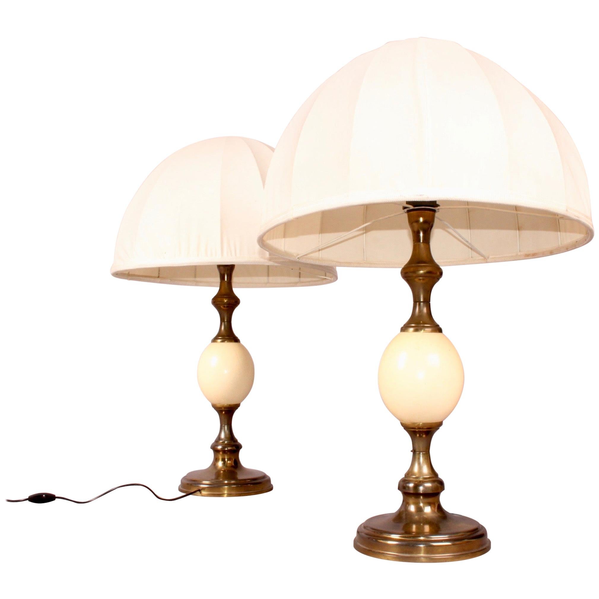 Pair of Ostrich Egg and Brass Table Lamp