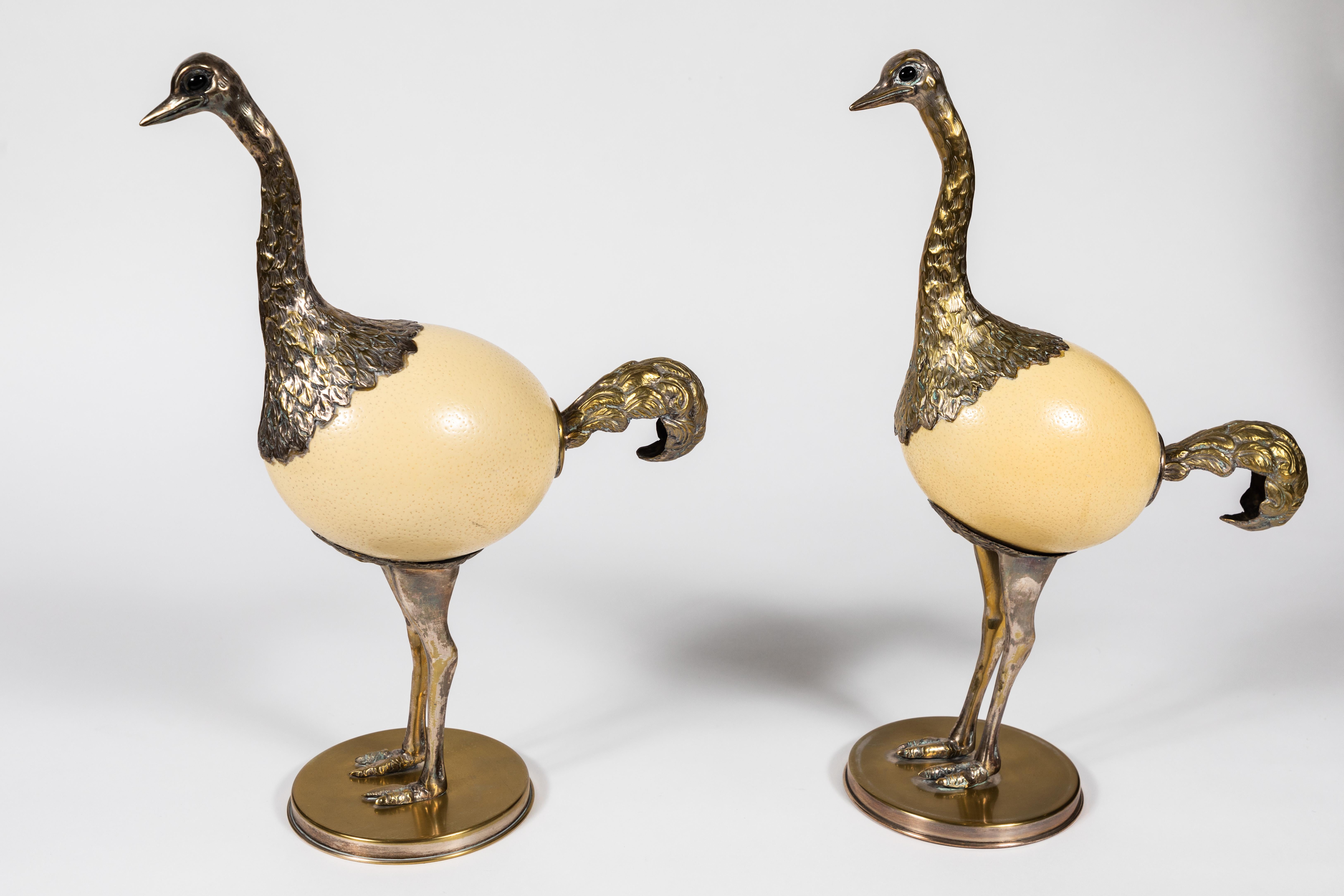 Whimsical pair of bird sculptures of ostrich eggs and pewter by Franco Lagini, 1970s. Made in Italy.
