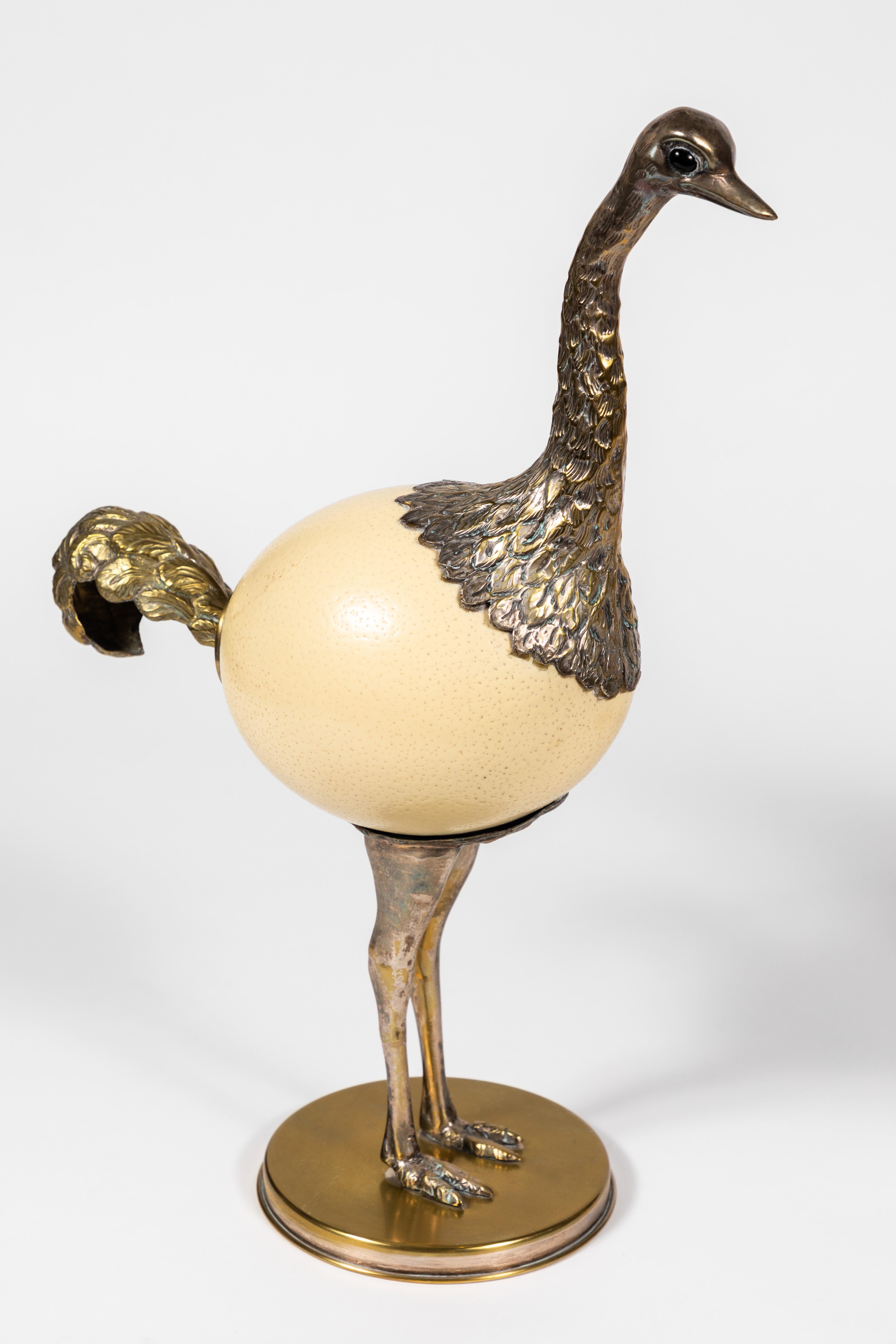 Italian Pair of Ostrich Egg and Pewter Bird Sculptures by Franco Lagini