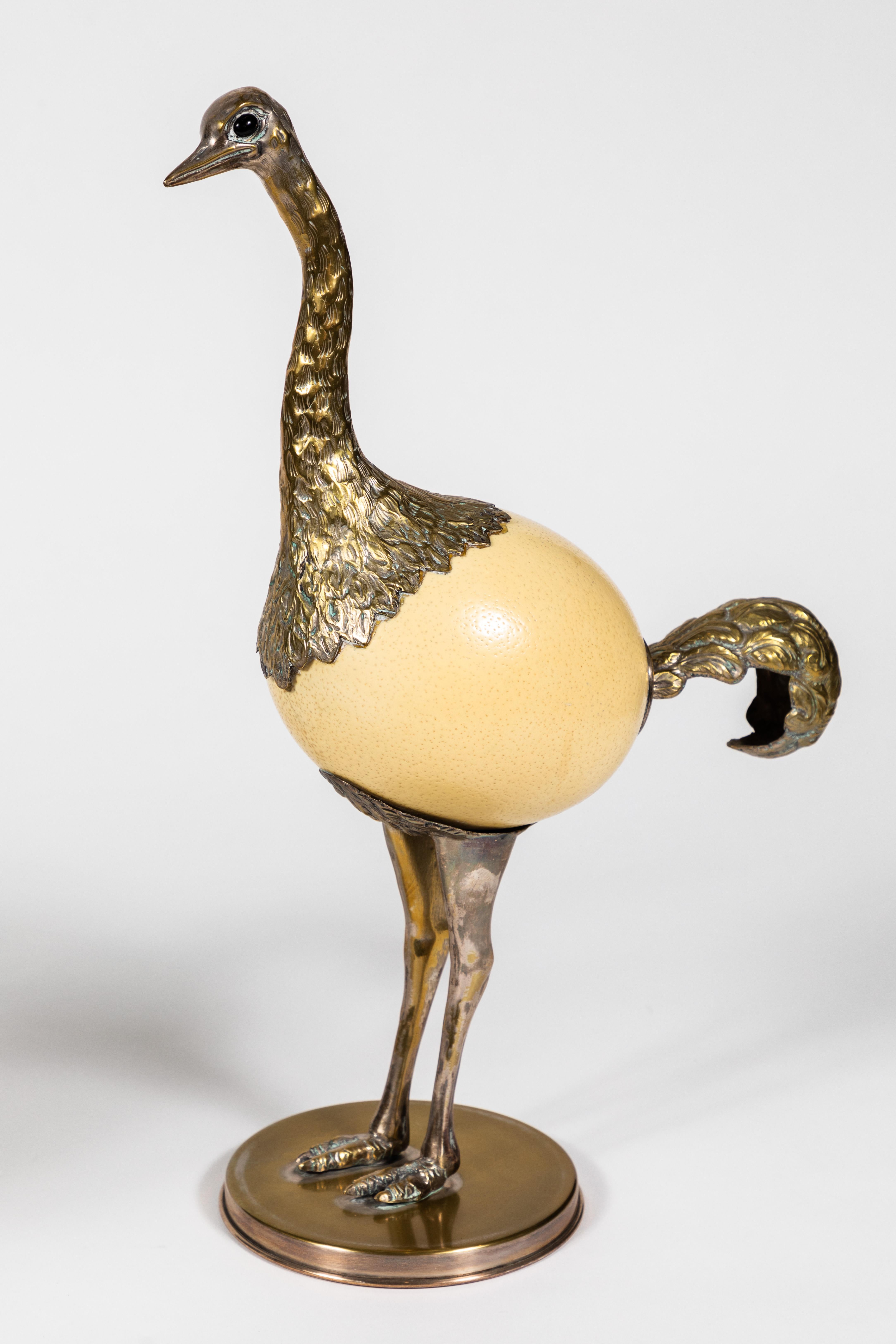 Pair of Ostrich Egg and Pewter Bird Sculptures by Franco Lagini In Good Condition In Pasadena, CA
