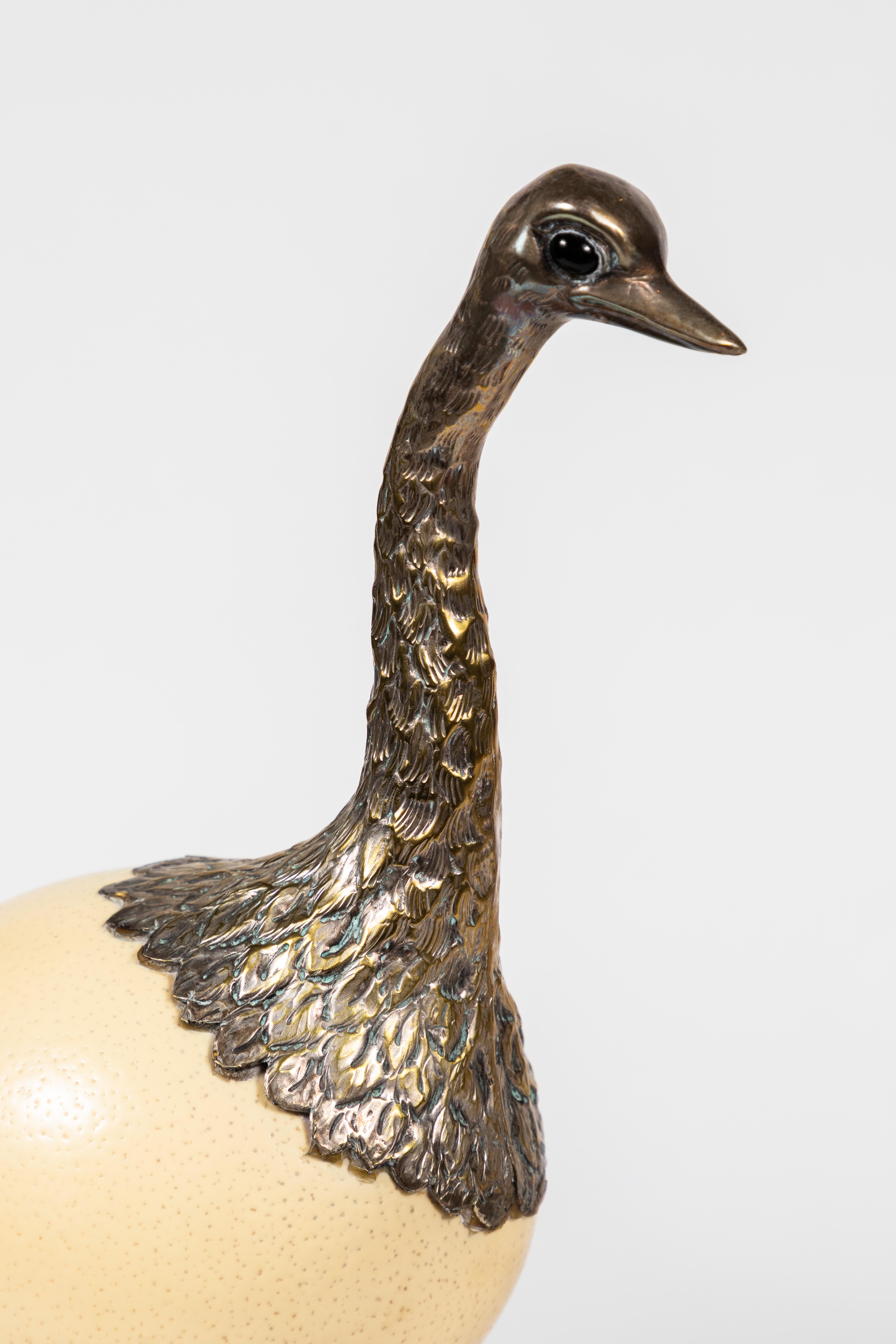 Late 20th Century Pair of Ostrich Egg and Pewter Bird Sculptures by Franco Lagini