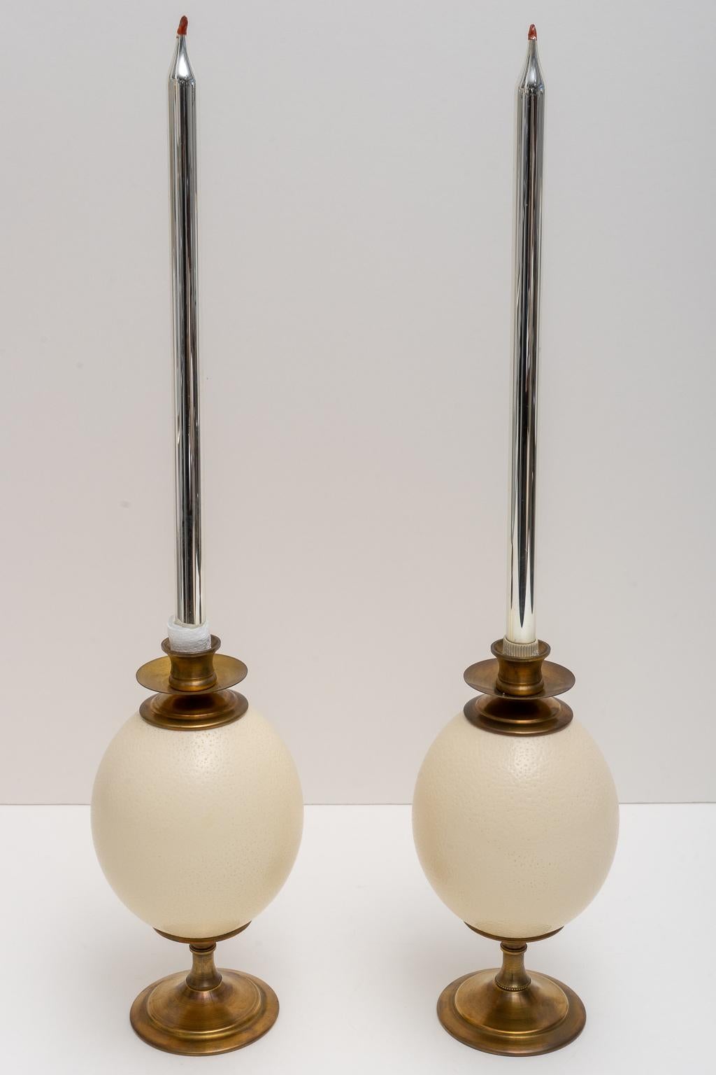Hollywood Regency Pair of Ostrich Egg Candleholders