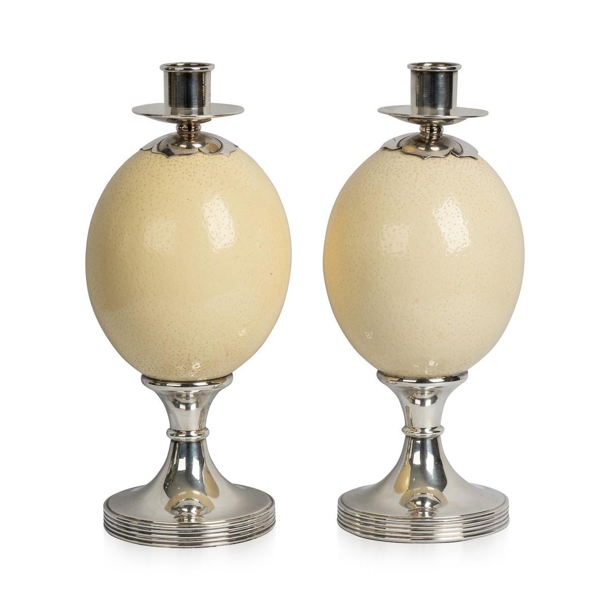 Other Pair Of Ostrich Egg Mounted Silver Plate Candlesticks, Anthony Redmile c.1970 For Sale