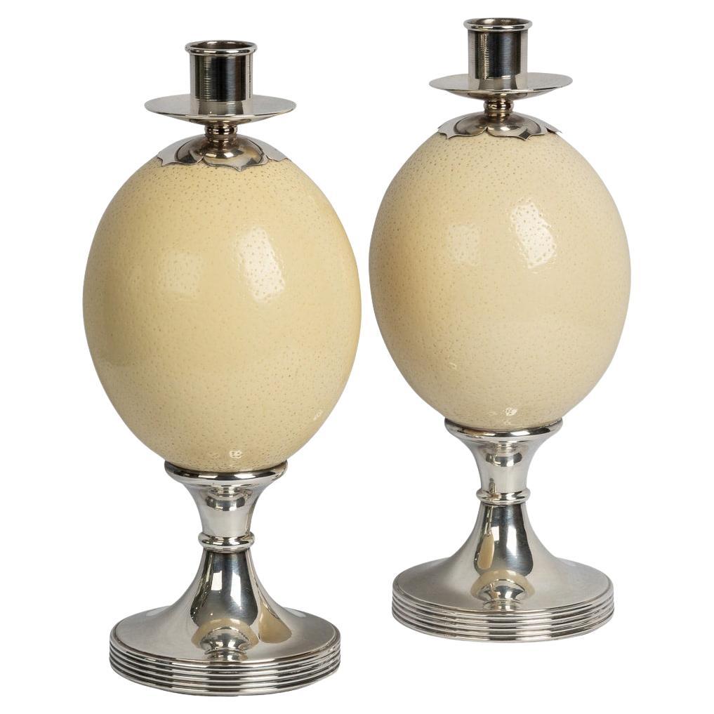 Pair Of Ostrich Egg Mounted Silver Plate Candlesticks, Anthony Redmile c.1970 For Sale