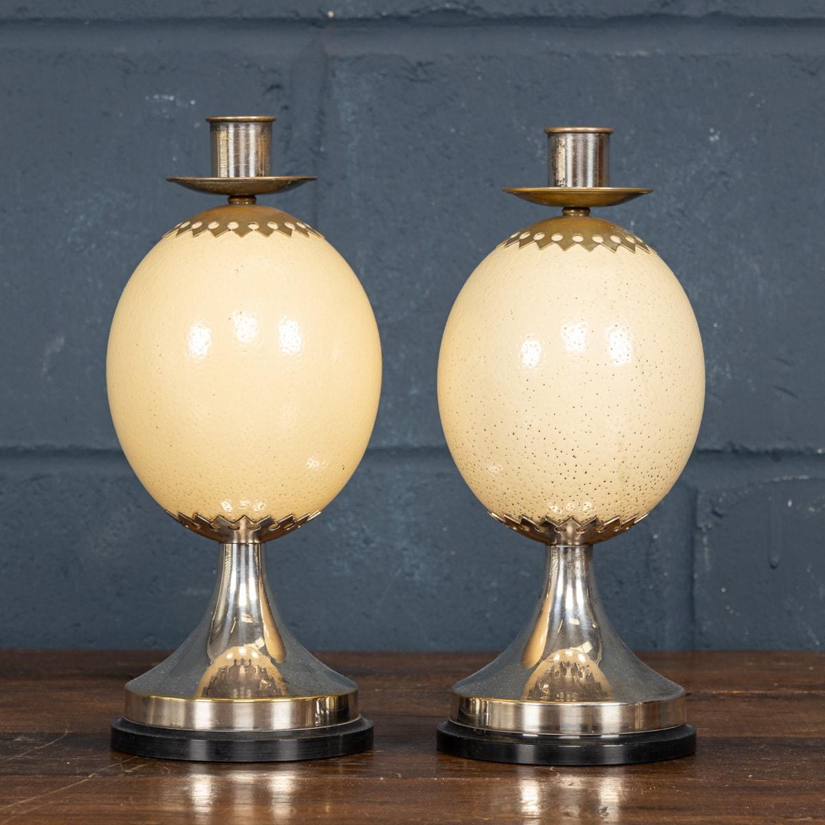 Pair Of Ostrich Egg Mounted Silver Plate Candlesticks By Anthony Redmile, c.1970 In Good Condition For Sale In Royal Tunbridge Wells, Kent