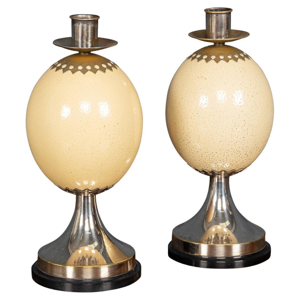 Pair Of Ostrich Egg Mounted Silver Plate Candlesticks By Anthony Redmile, c.1970 For Sale