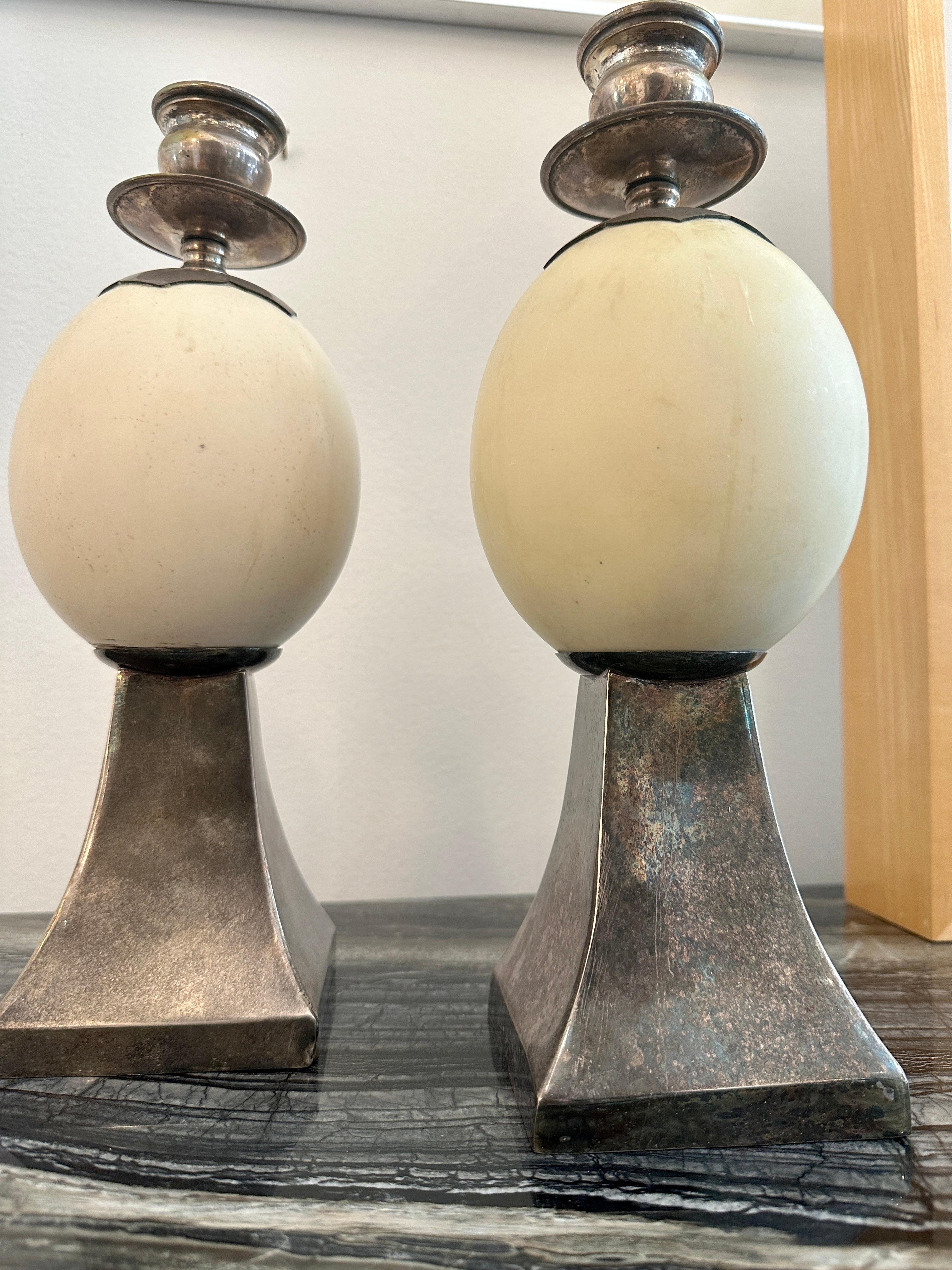 English Pair of Ostrich Egg Mounted Silver Plate Candlesticks, Style of Anthony Redmile For Sale