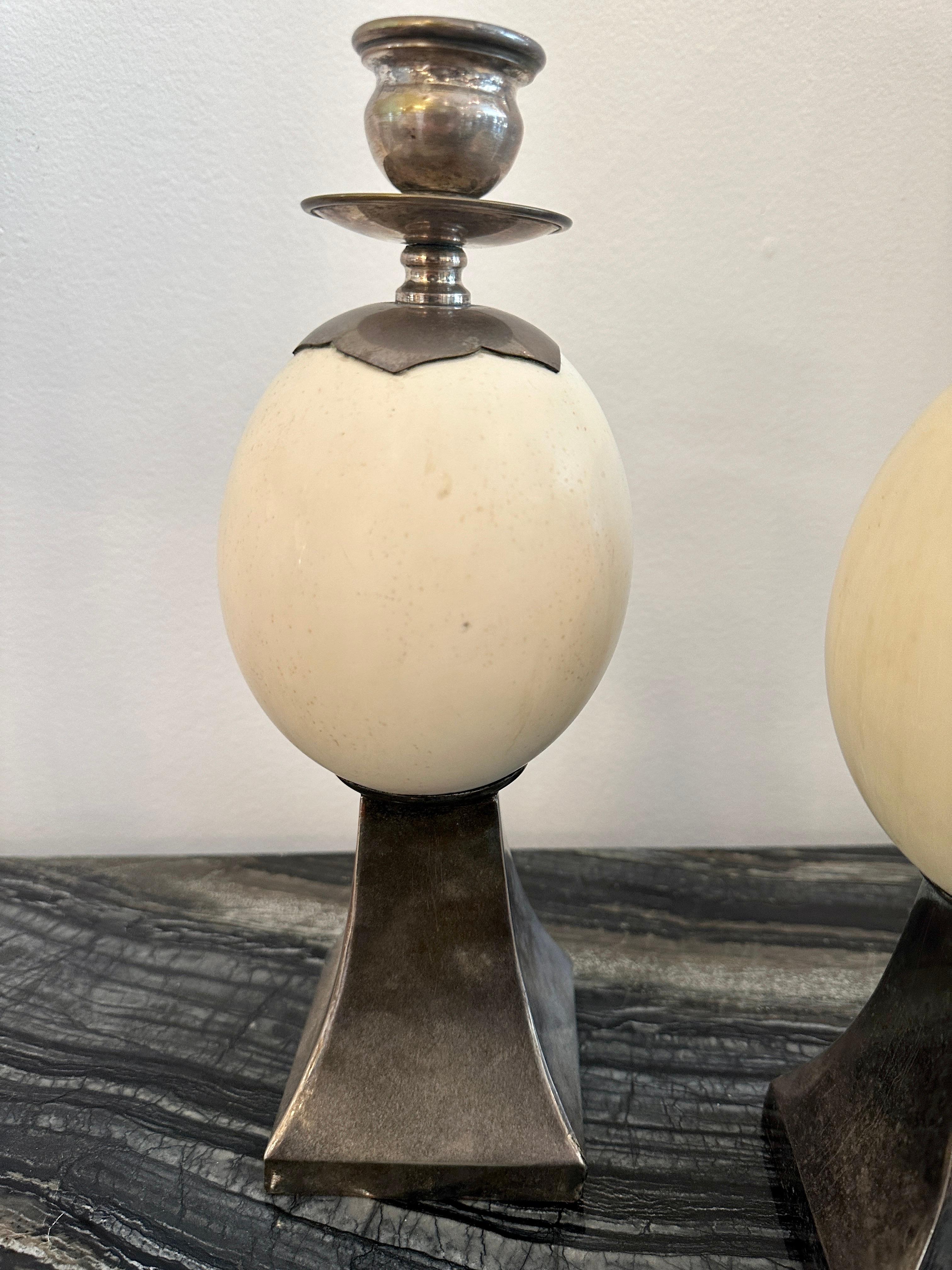 Pair of Ostrich Egg Mounted Silver Plate Candlesticks, Style of Anthony Redmile In Good Condition For Sale In East Hampton, NY