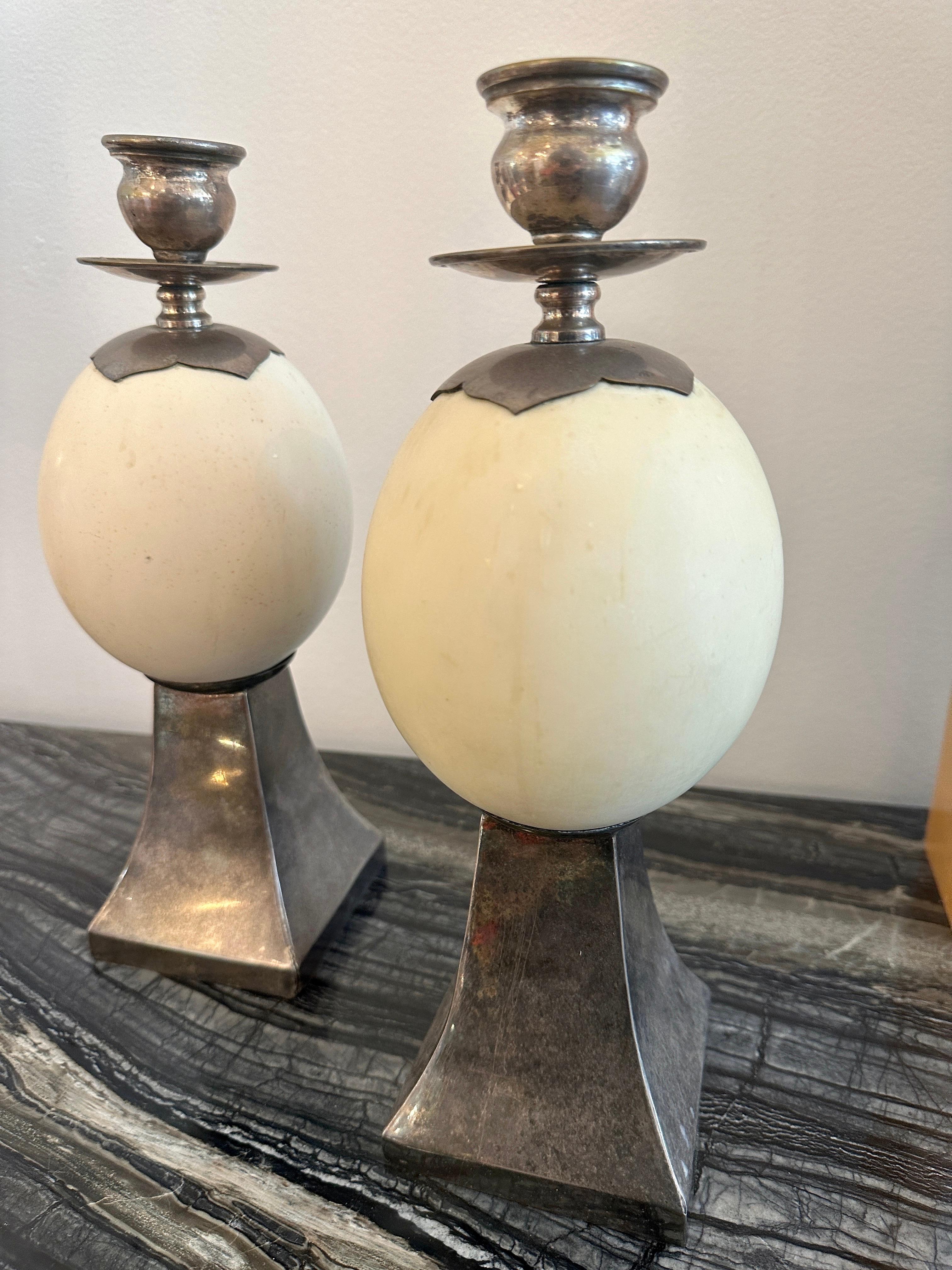 Late 20th Century Pair of Ostrich Egg Mounted Silver Plate Candlesticks, Style of Anthony Redmile For Sale