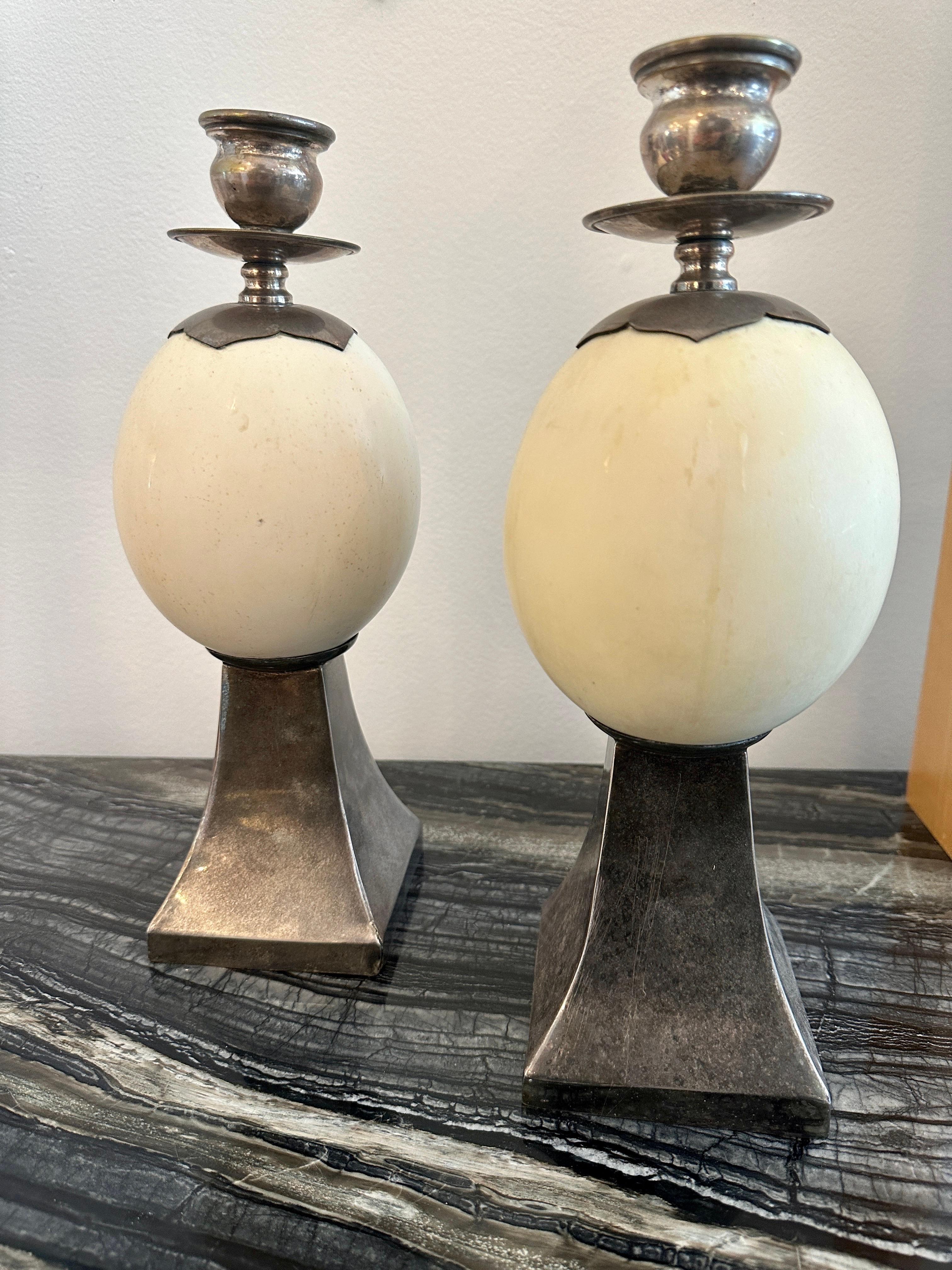 Pair of Ostrich Egg Mounted Silver Plate Candlesticks, Style of Anthony Redmile For Sale 3