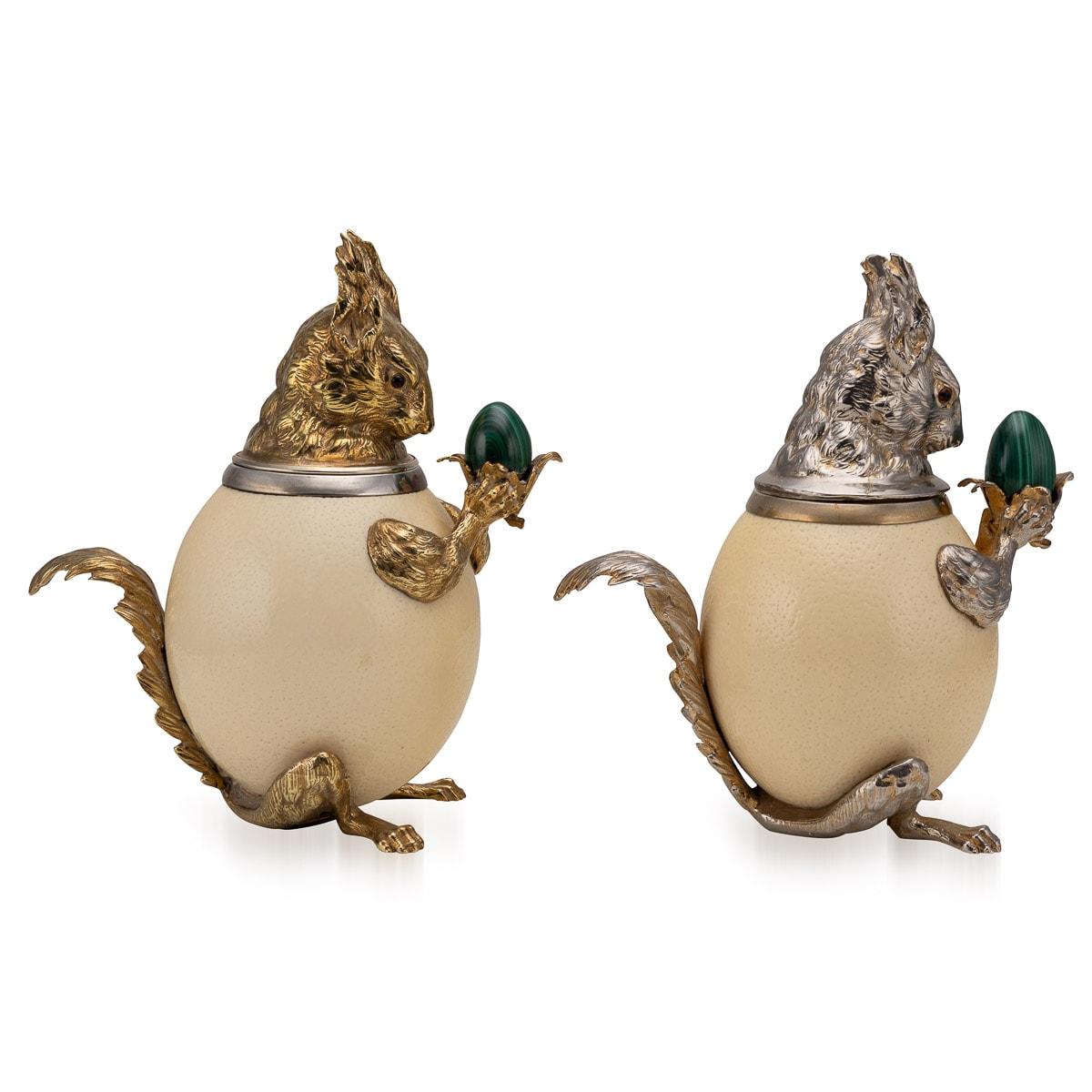 Pair Of Ostrich Egg Mounted Silver Plate Squirrels By Anthony Redmile, c.1970 In Good Condition In Royal Tunbridge Wells, Kent