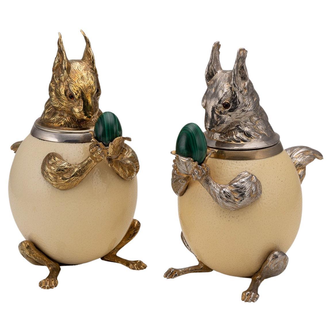 Pair Of Ostrich Egg Mounted Silver Plate Squirrels By Anthony Redmile, c.1970