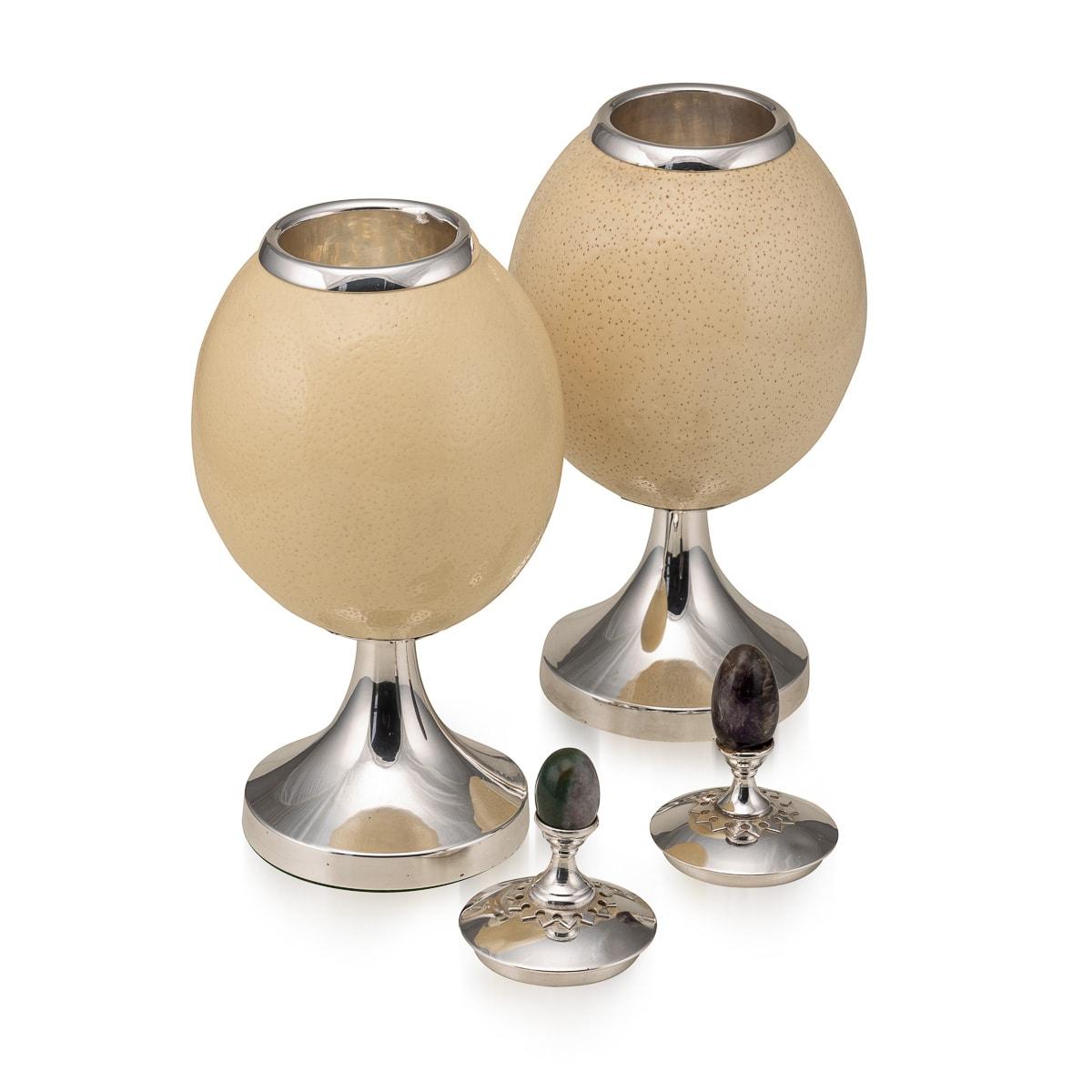 Other Pair Of Ostrich Egg Mounted Silver Plate Urns, Anthony Redmile c.1970