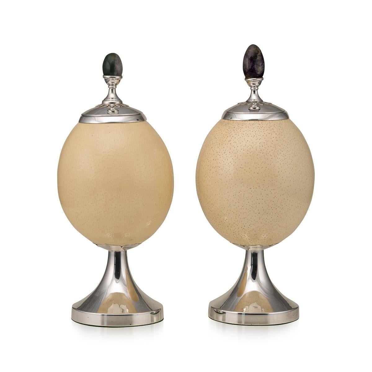 British Pair Of Ostrich Egg Mounted Silver Plate Urns, Anthony Redmile c.1970