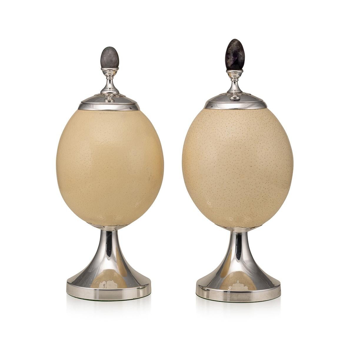 Pair Of Ostrich Egg Mounted Silver Plate Urns, Anthony Redmile c.1970 In Good Condition In Royal Tunbridge Wells, Kent
