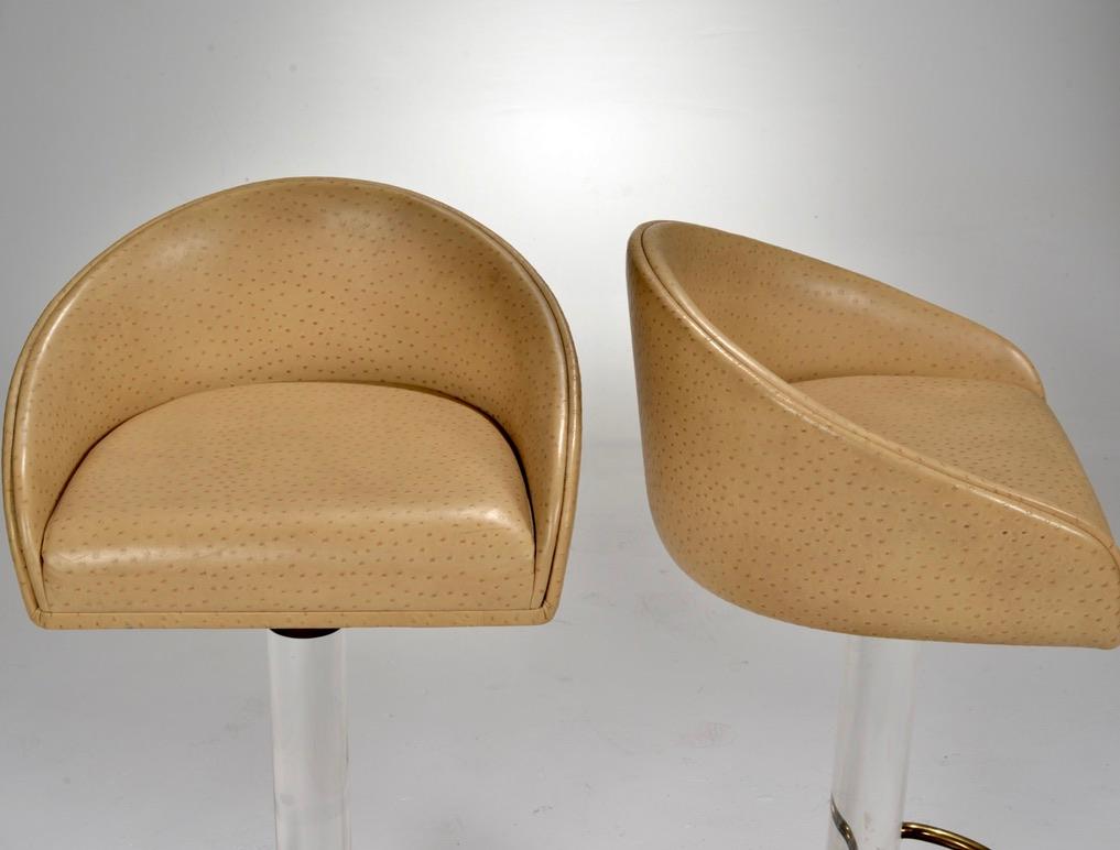 American Pair of Ostrich Leather and Lucite Swivel Bar Stools by Lion in Frost, Signed For Sale