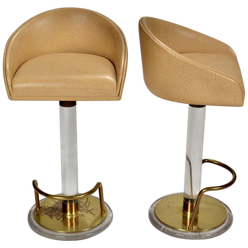 Pair of Ostrich Leather and Lucite Swivel Bar Stools by Lion in Frost, Signed