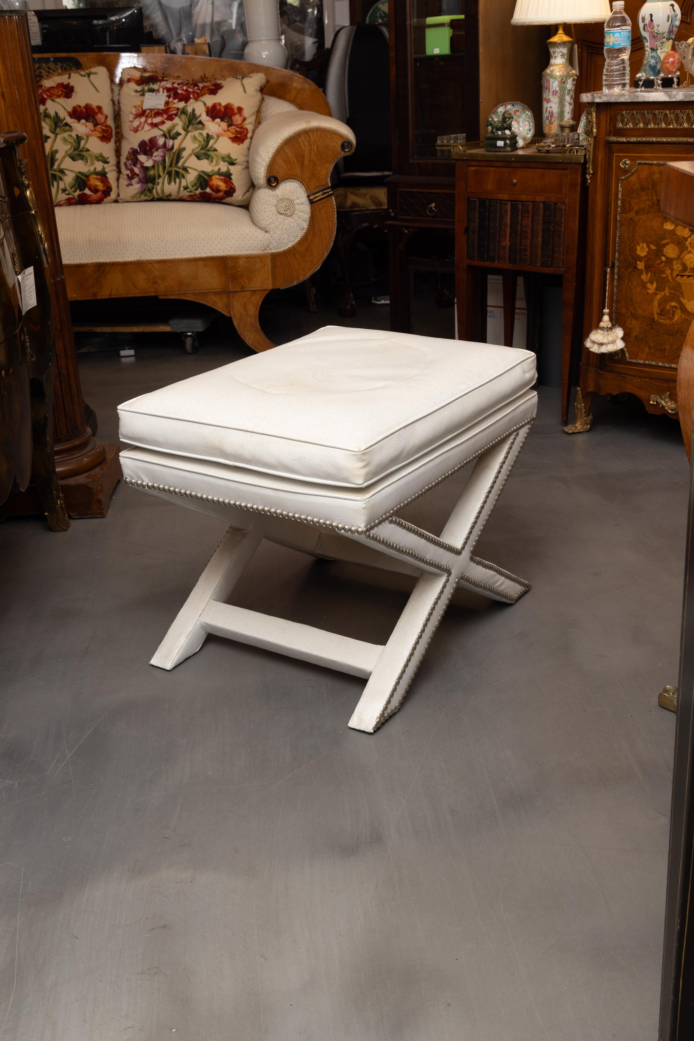 American Pair of Ostrich Leather X Base Stools For Sale