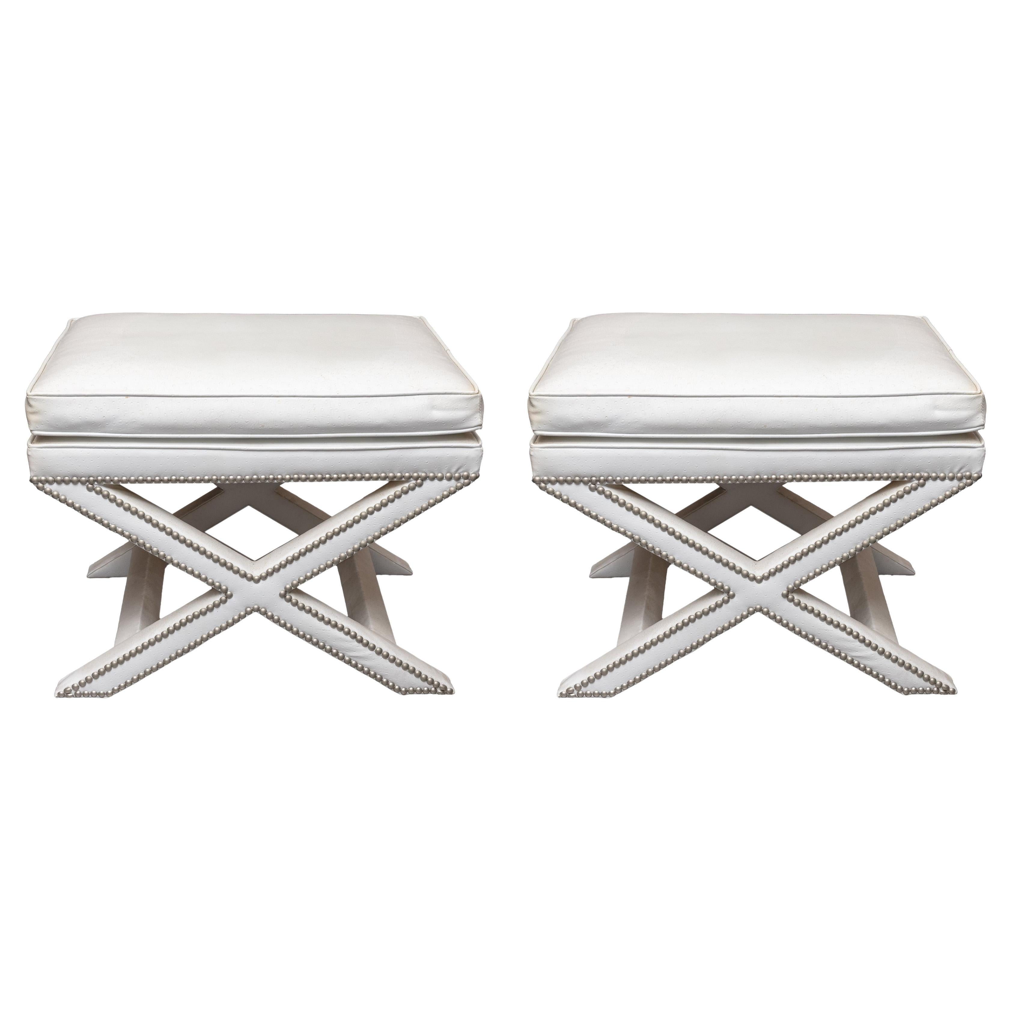 Pair of Ostrich Leather X Base Stools For Sale