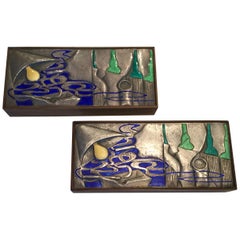 Vintage Pair of Ottaviani Sterling Enamel and Wood Boxes