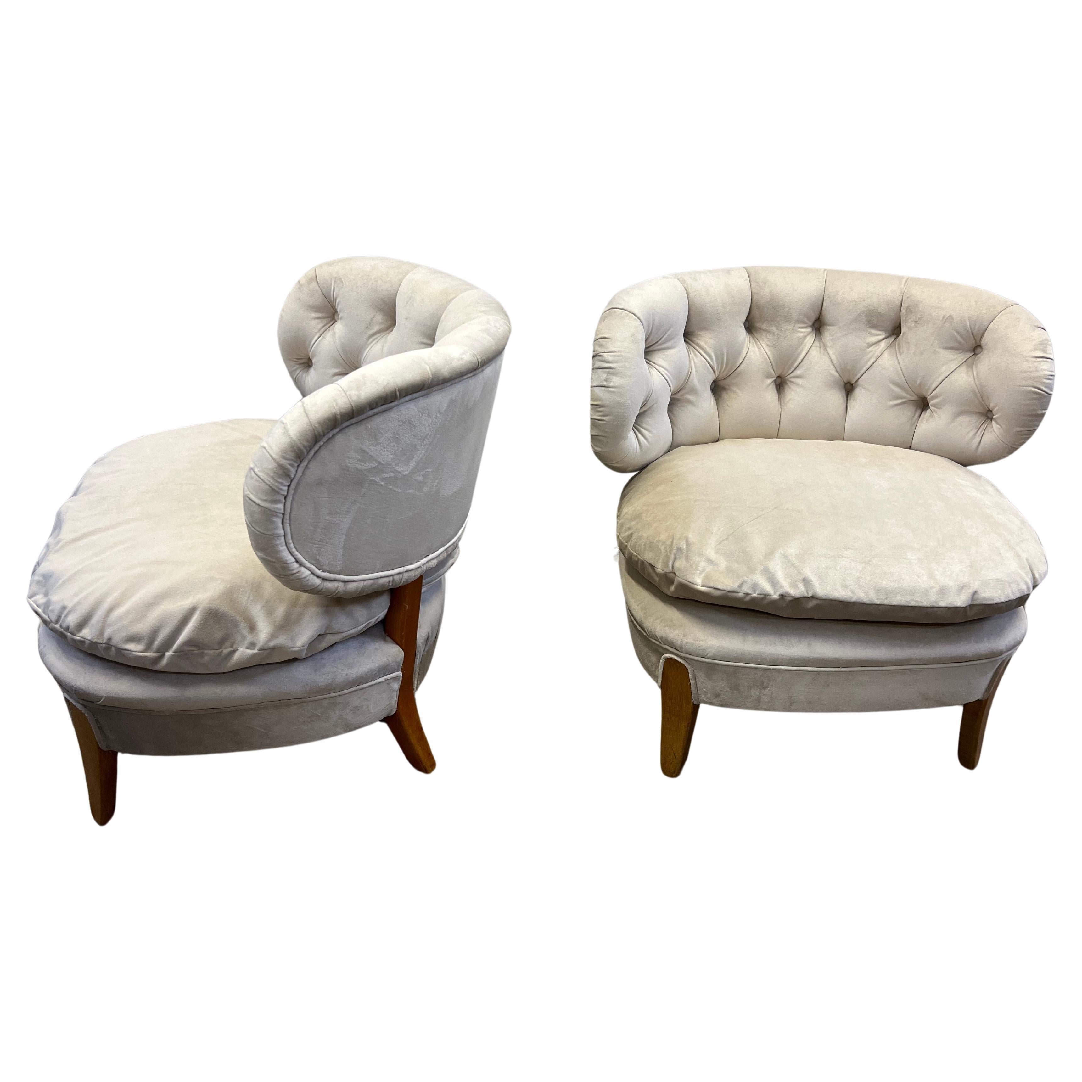 What a beautiful and special pair of original Otto Schultz chairs that have been recently reupholstered featuring a loose cushion in a luxurious taupe colored velvet! These are literally ready to go in any designer space from traditional to