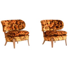 Pair of Otto Schulz Lounge Chairs in Floral Velvet and Beech, Sweden, 1940s