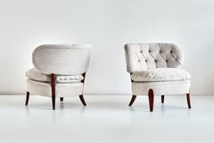 Pair of Otto Schulz Lounge Chairs in Gray Chenille and Beech, Sweden, 1940s