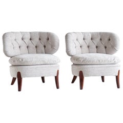 Pair of Otto Schulz Lounge Chairs in Gray Chenille and Beech, Sweden, 1940s
