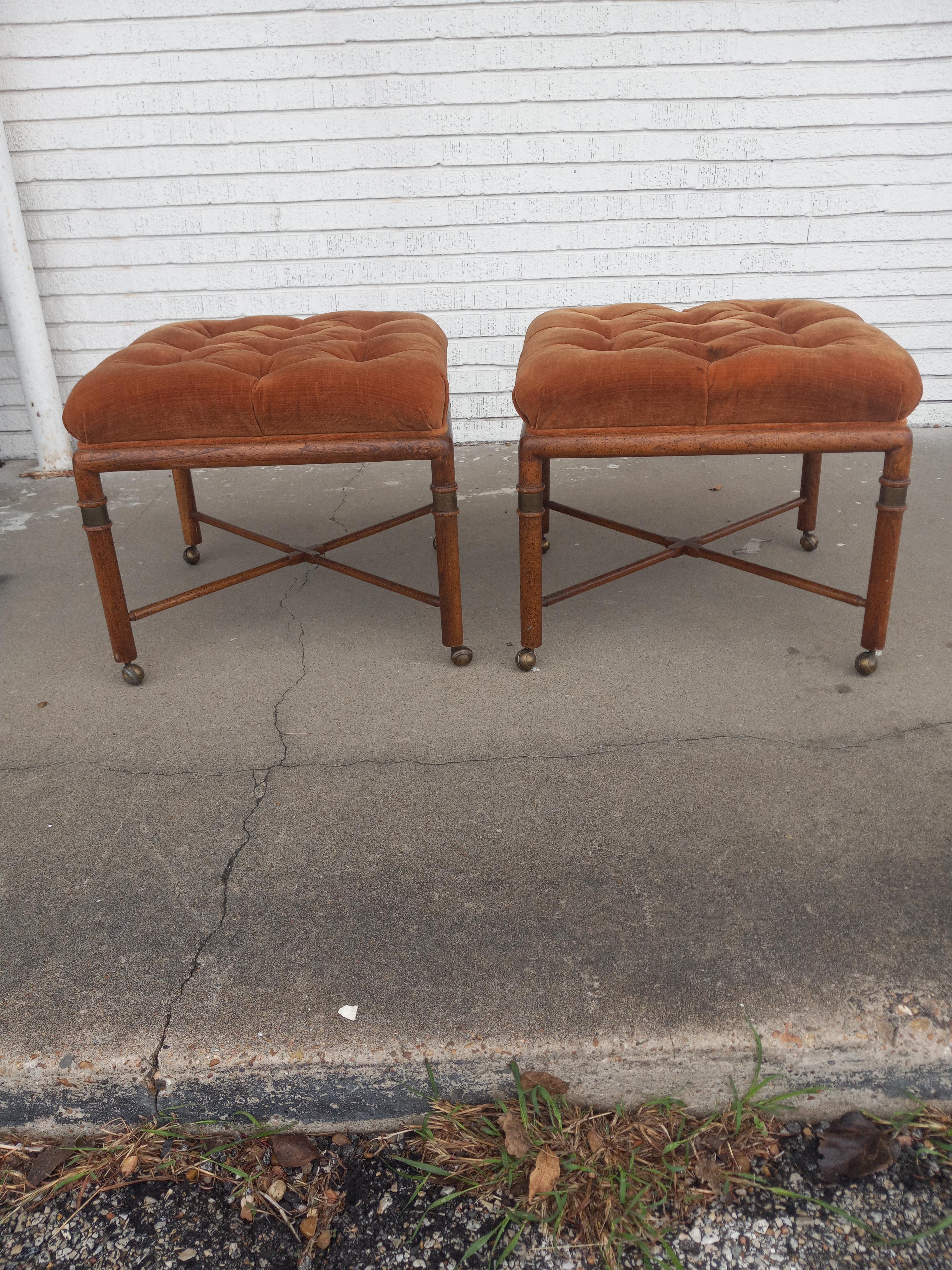 20th Century Beautiful Pair of Tufted Velour Ottomans w/ Faux Bamboo Legs by Hickory For Sale